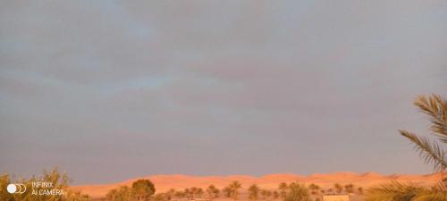 a stormy sky over the desert with palm trees at DAR MIRA DUNES Hassilabiad-Merzouga in Hassilabied