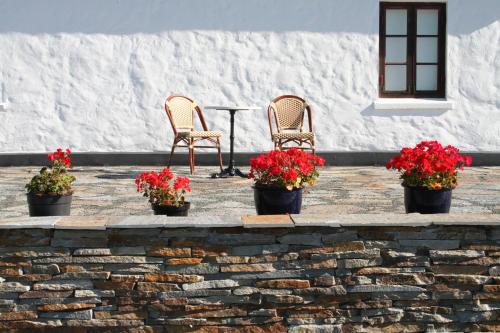 two chairs and a table with red flowers on a patio at Hoby Gård in Borrby