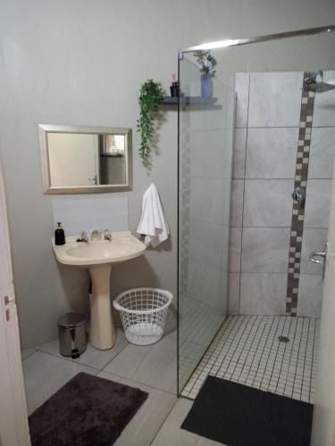 a bathroom with a sink and a shower at Crocodile Nest B&B in Nelspruit