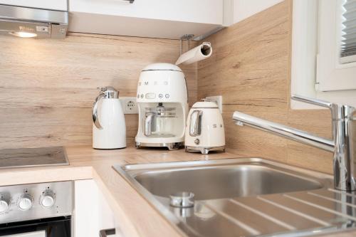シャルボイツにあるOstseecamp Ferienhaus Lily Pondのキッチン(シンク、電化製品付)