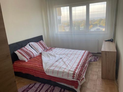 a bedroom with a bed with pillows and a window at Apartament Eric in Craiova