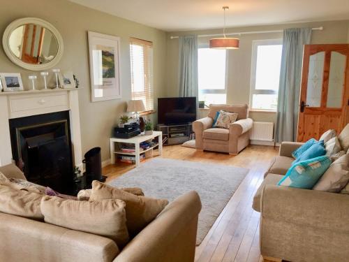a living room with a couch and a fireplace at Ballyboe Cottage in Dunfanaghy