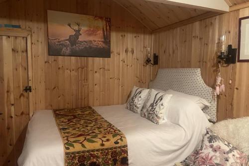 una camera da letto con un letto in una stanza con pareti in legno di 1 Bedroom Cabin Sleeps 2 Private Garden WiFi a Camelford