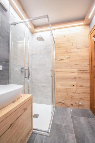 a bathroom with a shower and a sink at Ruoibes 17 in San Vito di Cadore