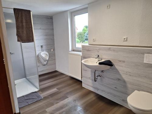 a bathroom with a sink and a toilet at Monteurzimmer 1 Brinckmann in Einbeck