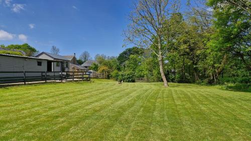 een grote tuin met een boom en een huis bij Beautiful Cabin near Padstow in Padstow