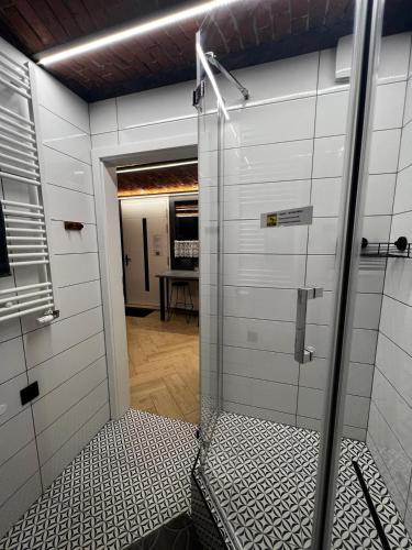 a bathroom with a shower with a glass door at Limba Home in Nysa