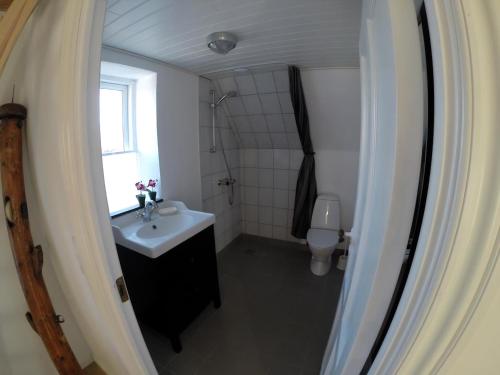 a bathroom with a sink and a toilet at Super Apartment In The First Row With A 180-Degree Sea View in Spodsbjerg