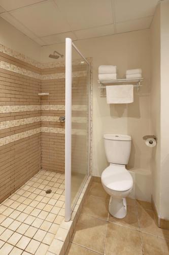 a bathroom with a toilet and a shower at Protea Hotel by Marriott Chipata in Chipata
