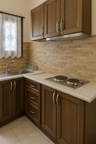 a kitchen with wooden cabinets and a sink at Ξενώνας Θεοδώρου in Elati