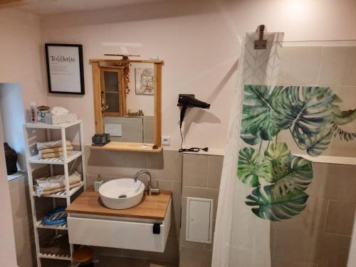 ein Badezimmer mit Waschbecken und Duschvorhang in der Unterkunft Ferienwohnung am Schlosspark in Potsdam