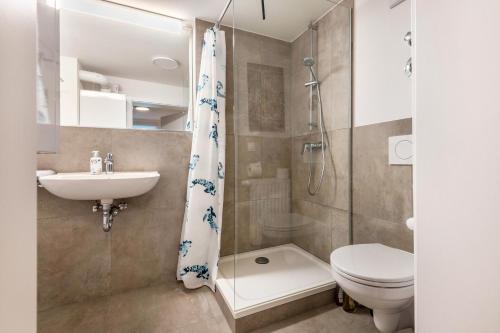 a bathroom with a toilet and a sink and a shower at The Cozy Corner - Passau in Passau