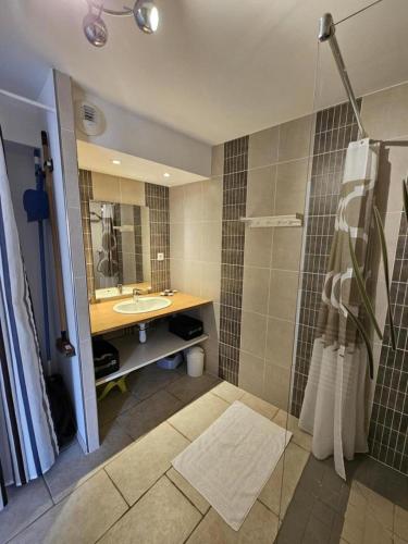 a bathroom with a sink and a shower with a mirror at Gîte du séchoir in Bouresse