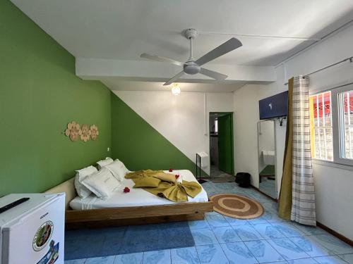 a bedroom with a bed and a ceiling fan at steila-Day hébergement chambre privée in Pamandzi