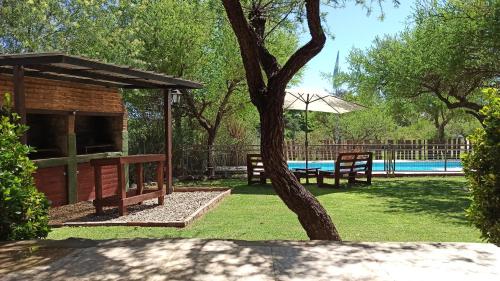 a yard with a picnic table and a pool at Cabañas Lo de Alberto in Santa Rosa de Calamuchita