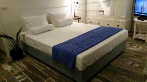 a bedroom with a bed with a blue blanket and a television at Tel Aviv Roof Apartment in Tel Aviv