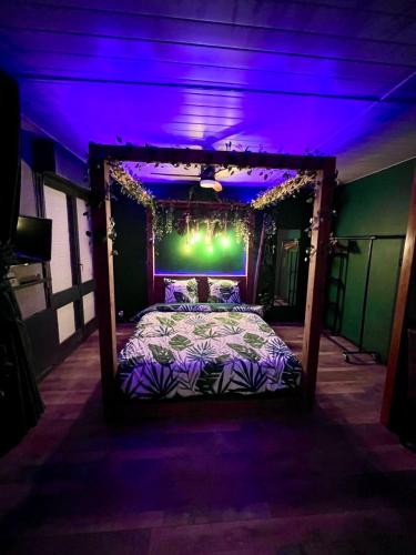 a bedroom with a bed with purple lighting at Oasis Tropical Sauna Privé Vue Mer & Plage À 100M in Saint-Hilaire-de-Riez