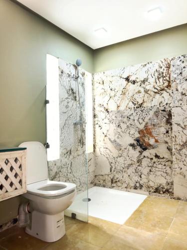 a bathroom with a toilet and a stone wall at Salix d'agafay in Marrakesh