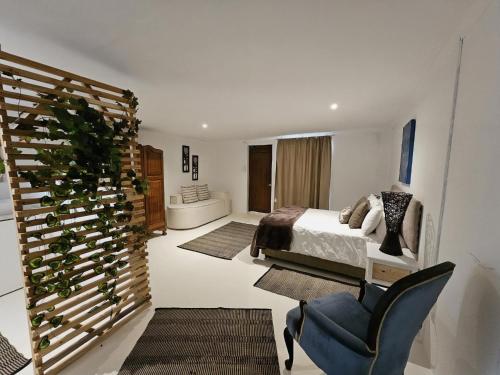 a bedroom with a bed and a blue chair at Lemón Phoenix in Bela-Bela