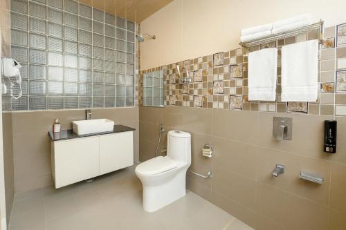 a bathroom with a toilet and a sink at Vista Resort Manali - Centrally Heated & Air Cooled luxury room near mall road in Manāli