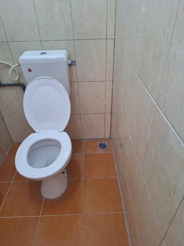 a bathroom with a white toilet in a tiled stall at Debunga Chalet in Teluk Bahang