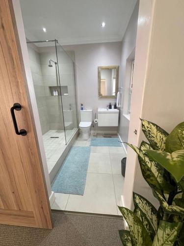 a bathroom with a shower and a toilet and a sink at The Windsor- Hartbeespoort Dam in Hartbeespoort