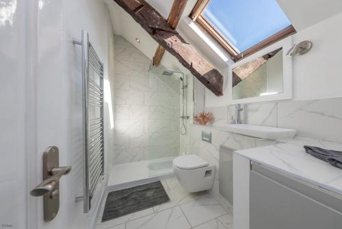 een badkamer met toilet, wastafel en raam bij Bwthyn-Bennar in Dyffryn