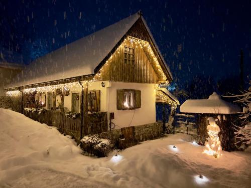 a house with christmas lights on it in the snow at Locul cu Amintiri in Albac