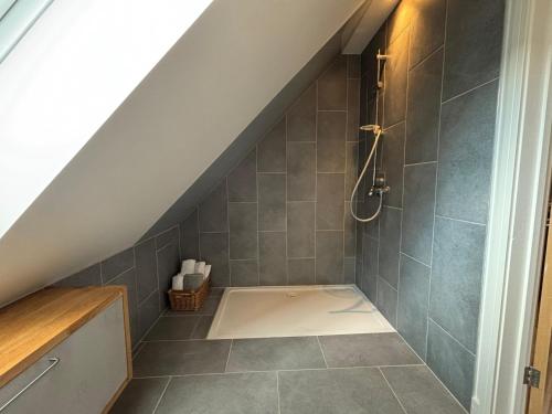 - Baño con ducha en el ático en Tranquil Pond View Loft Retreat in Sudbury, en Bulmer