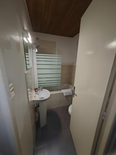 a bathroom with a sink and a toilet and a mirror at Hotel La Renardière Morzine in Morzine