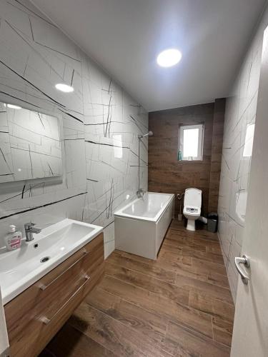 a bathroom with a tub and a sink and a toilet at Apartament panoramic in Bistriţa