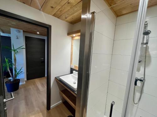 a bathroom with a sink and a shower at Superbe appartement neuf avec Sauna privé & Terrasse vue sur la montagne in La Bresse