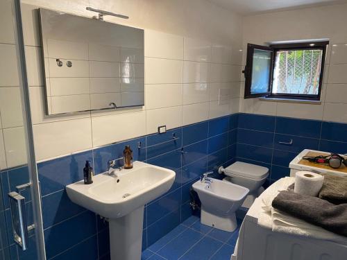 a blue and white bathroom with a sink and a toilet at A Casa Di Laura B&B Apartments in Campagna