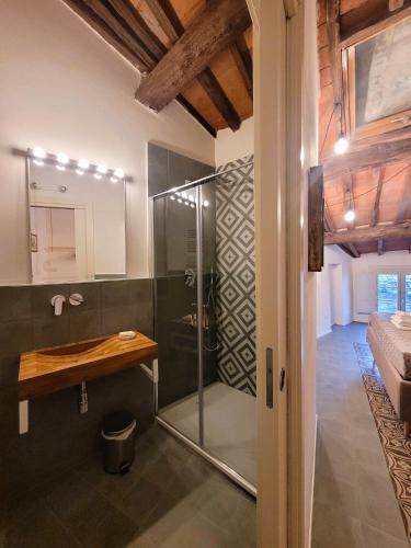 a bathroom with a shower with a sink and a mirror at Le Mezzane in Lucca