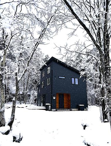 a black house in the snow with trees at Flagpole Villa Hakuba in Hakuba