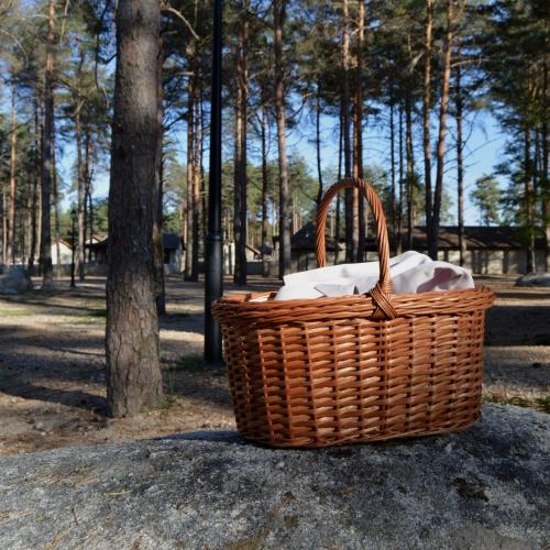 Ein Weidenkorb steht auf dem Boden in einem Park. in der Unterkunft Alvão Village & Camping in Reguengo