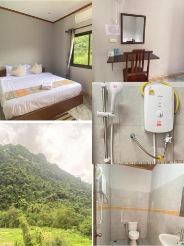 a collage of three pictures of a bedroom with a view at Houngvilai Guesthouse in Ban Sôphoun