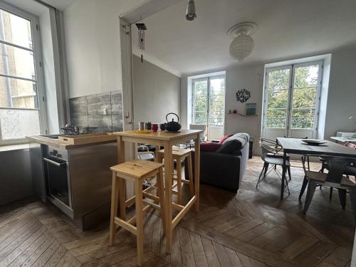 a kitchen and a living room with a table at Herem Charme de l ancien en centre ville in Clermont-Ferrand