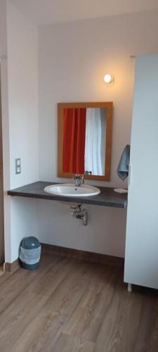a bathroom with a sink and a mirror at Gîte de la butte bis in Champagné-Saint-Hilaire