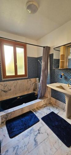 a bathroom with a tub and a sink and a shower at La cherpée in Lhommaizé