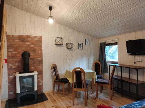 sala de estar con mesa y estufa de leña en OWS Dorota, en Kolbudy