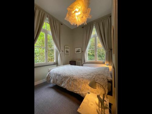 a bedroom with a bed and two windows at La Villa des Roses in Durbuy