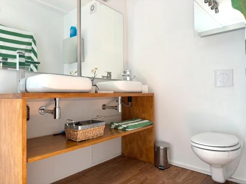 un baño con lavabo e inodoro en The Duplex - Domaine De L'ô, en Bellacaud
