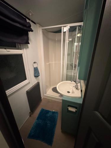 un piccolo bagno con lavandino e doccia di FeWo Schmugglerpatt Werkstatt a Südlohn