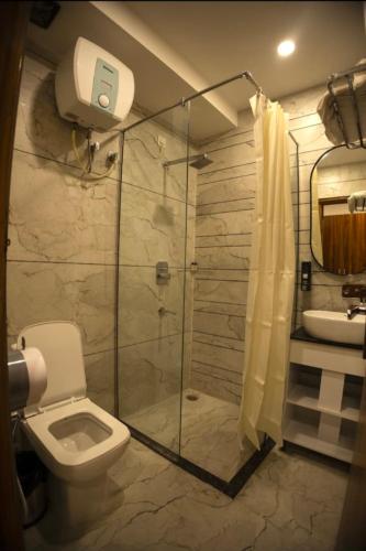 a bathroom with a shower and a toilet and a sink at Hotel Rajshree in Kurukshetra