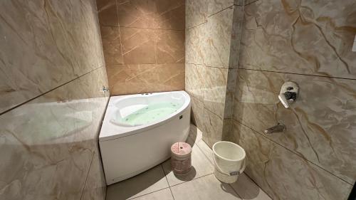 a bathroom with a shower with a toilet and a sink at The Hotel Phoenix Inn in Jāmb