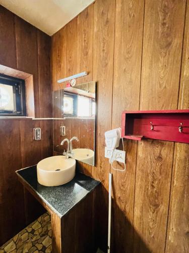 a bathroom with a sink and a mirror at Utopia Hostel Dharamkot Mcleodganj in McLeod Ganj