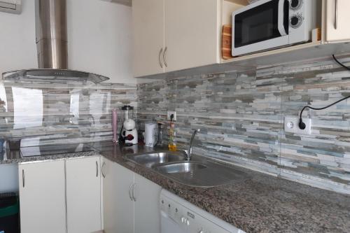 a kitchen with a sink and a microwave at 2-Bed House - Garden Parking Pets in Viana do Castelo