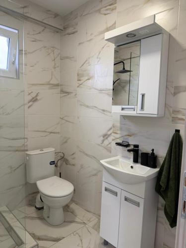 a white bathroom with a toilet and a sink at Apartman na dan Pecinci in Pećinci