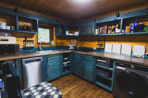 a kitchen with blue cabinets and a counter top at Spadok in Krasnyy